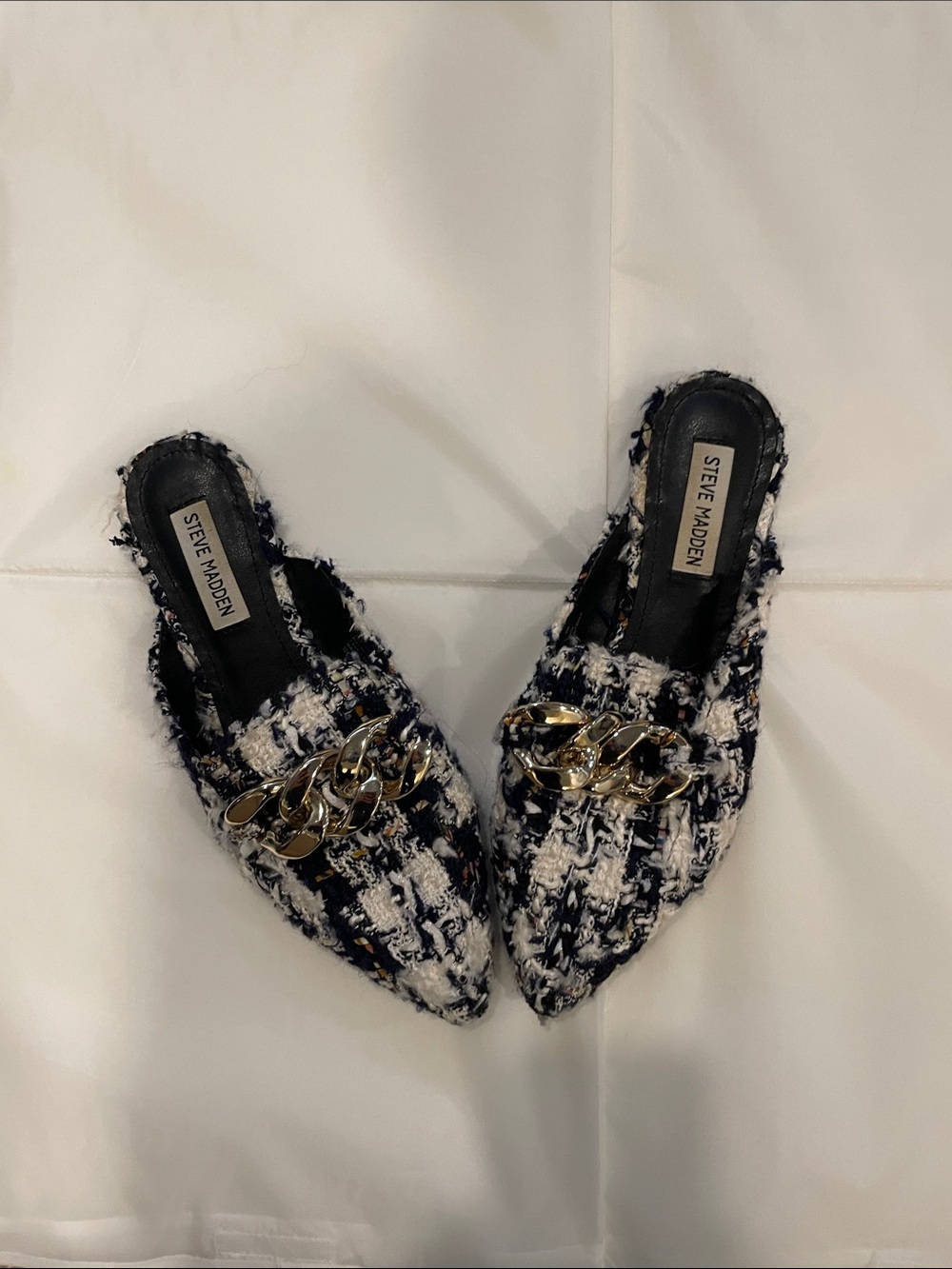 Steve Madden Black & White Tweed Pointed Mules with Gold Chain